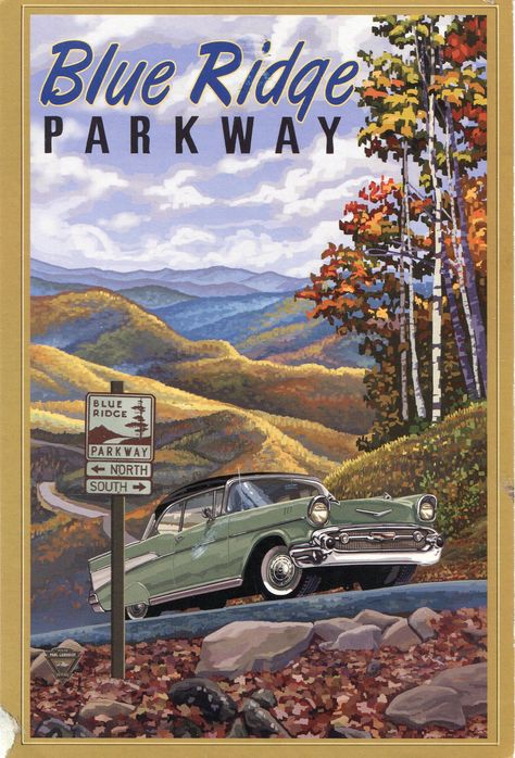 Postal Vintage, Retro Travel Poster, Scenic Byway, Blue Ridge Parkway, National Park Posters, Old Car, Vintage Poster Art, Gatlinburg, Vintage Travel Posters