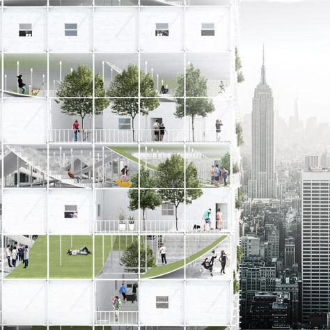 This conceptual scheme by Beomki Lee and Chang Kyu Lee calls for using vacant airspace over buildings to create affordable apartments and public areas. Rural Housing, Grid Architecture, Social Housing Architecture, Co Housing, Collective Housing, Modular Housing, Affordable Apartments, Social Housing, Architecture Presentation