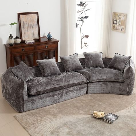 Chenille Upholstered Curved Shaped Modular Sectional Large Comfy Cloud Sofa with five Pillows - Bed Bath & Beyond - 41250150 Deep Sofa Comfy Couches, Rustic Glam Living Room, Couches Living Room Comfy, Dark Grey Sofa Living Room, Extra Deep Sofa, Grey Sofa Living Room, Cloud Sofa, Pillows Bed, Deep Sofa