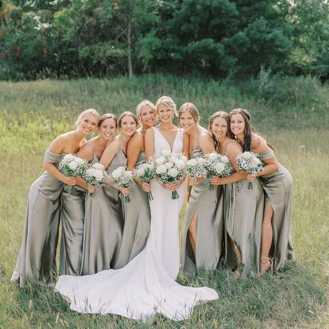 Going green 💚 Featuring our satin bridesmaid dresses in Moss • 👰🏼‍♀️: @nataliewinzenried 📸: @taylormayphotography #birdyinthewild #BIRDYGREY | Instagram Pale Sage Bridesmaid Dresses, Baby Green Bridesmaid Dresses, Grey Green Bridesmaid Dresses, Brisedmaid Sage Green, Green Grey Bridesmaid Dresses, Bridesmaid Sage Dresses, Willow Green Bridesmaid Dresses, Satin Moss Green Bridesmaid Dresses, Moss Satin Bridesmaid Dresses