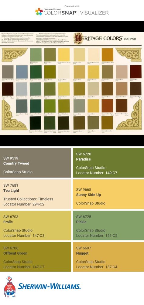 I just created this color palette with the Sherwin-Williams ColorSnap® Visualizer app on my Android phone. What do you think? You can learn more about ColorSnap Visualizer and get it on your phone free by visiting https://www.sherwin-williams.com/content/colorsnap.html. Frank Lloyd Wright Color Palette, 1920 Color Palette, 1920s Color Palette, Craftsman Interior Paint Colors, Art Nouveau Color Palette, Craftsman Color Palette, Art Deco Palette, Art Deco Color Palette, Craftsman Colors