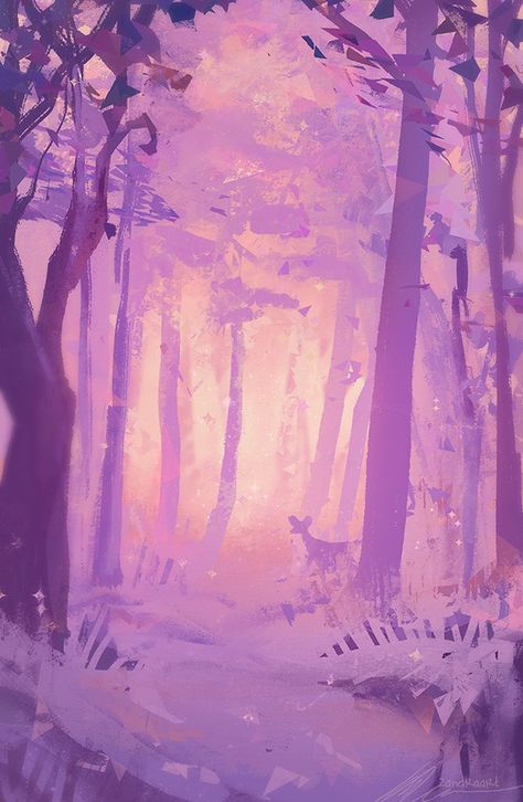 Magical Places Art, Purple Illustration Art, Yellow Purple Aesthetic, Magic Landscape, Purple Illustration, Stage Art, Magical Landscape, Purple Forest, Fantasy Background