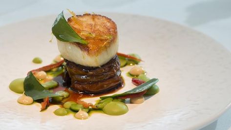 Lamb and Scallop Recipe - Great British Chefs Scallop Recipe, Metal Skewers, Great British Chefs, Mint Oil, Scallop Recipes, Land And Sea, Broad Bean, Vegetable Puree, Coriander Seeds