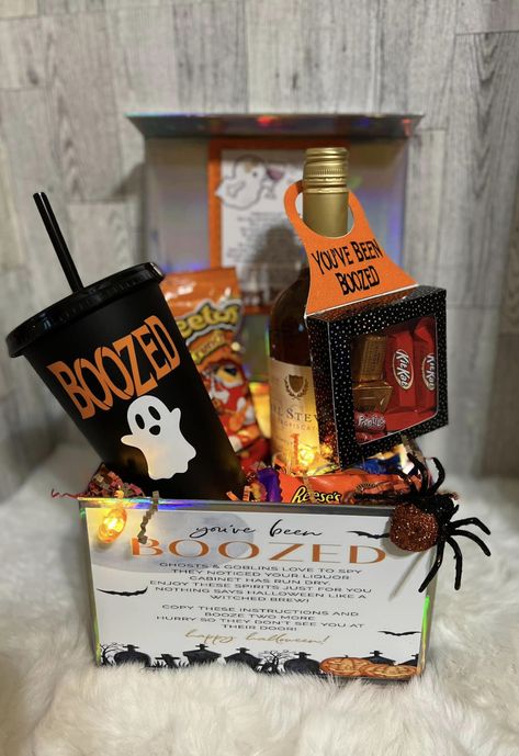 Boo Buckets For Adults, Halloween Raffle Basket Ideas, Boo Bucket, You've Been Boozed, Alcohol Gift Baskets, Halloween Gift Baskets, Raffle Basket, Raffle Baskets, Boo Basket