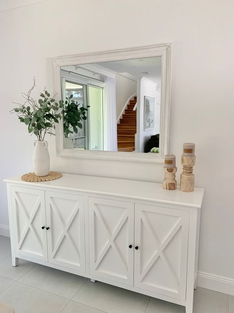 Buffet And Mirror, Hallway Buffet Decor, Hamptons Buffet Styling, Hamptons Style Entryway, Coastal Buffet Styling, Hampton Entryway, Buffet With Mirror Above, Coastal Hamptons Style Living Rooms, Hamptons Buffet