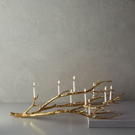 Manzanita Candelabra - Gold - Inspired by dainty tree branches, our Manzanita Candelabra holds nine taper candles in its sculptural metal base. #shopstyle Mountain Room, Silver Serveware, Dragon Lair, Romantic Centerpieces, Arreglos Ikebana, Winter Florals, Holiday Tablescape, Hanukkah Decorations, Modern Christmas Decor