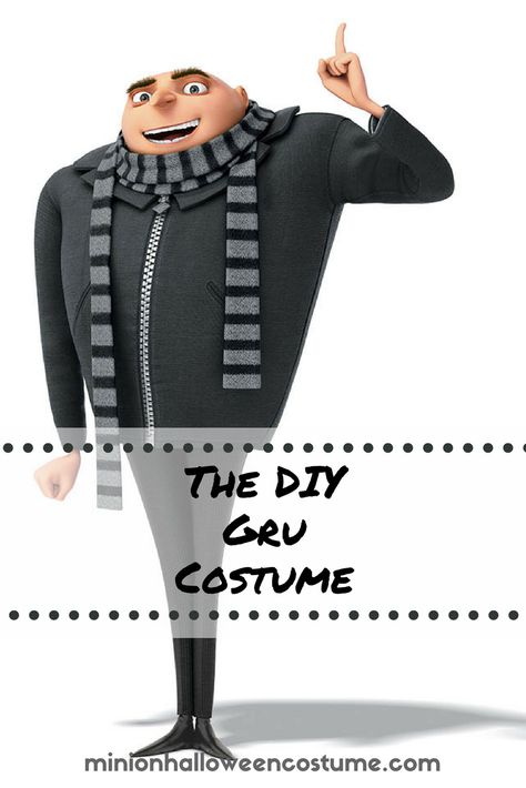 Create Your Own Gru Costume Ready to be the most liked super villain this Halloween? This Gru costume has everything you need – the bald head, Gru’s iconic nose, dark grey suit and signature scarf. This costume is sure to put a few smiles on your friends’ faces! Family or Group Halloween Costume? The Despicable Me crew would make a great family or group costume idea – with Gru, the minions and the adopted daughters, Margo, Edith and Agnes. Mom won’t be left out either since now she can be the ag Gru And Minion Costume Diy, Gru Nose Diy, Gru Costume Men, Gru Costume Girl, Gru Makeup, Gru Costume Diy, Gru And Vector Costumes, Gru Outfit, Minion Costumes Diy