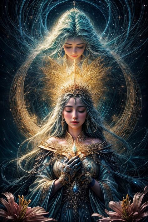 ArtStation - Ethereal Odysseys: Chronicles of the Celestial Goddesses PART 3 Celestial Art Goddesses, Spiritual Art Soul, Celestial Being, Celestial Beings, Sacred Woman, Jesus Christ Art, Bridal Diamond Jewellery, Female Art Painting, Deep Meditation