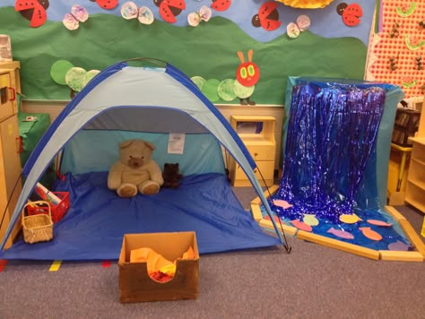 Camping Dramatic Play Classroom Tent, Camping Dramatic Play, Fake Campfire, Preschool Camping, Camping Preschool, Classroom Camping, Camping Theme Preschool, Camping Setup, Dramatic Play Themes