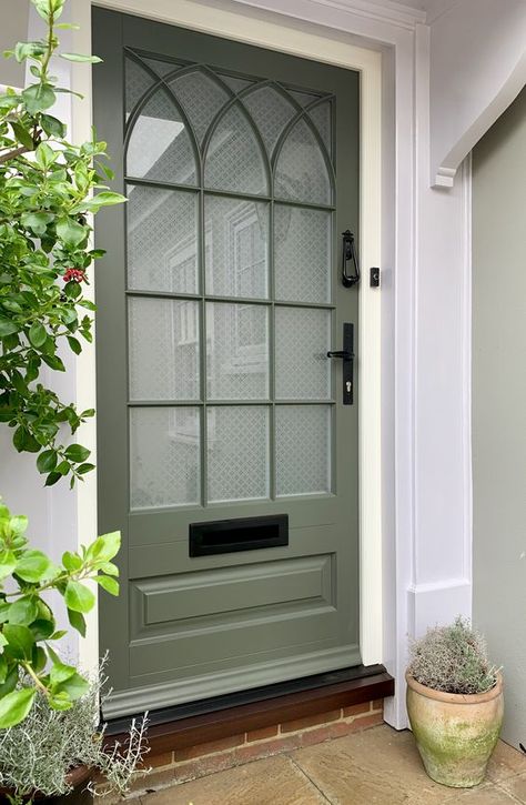 Olive Green Front Door Colors, Grey House Door Color Ideas, Olive Green Front Door, Olive Front Door, Door Paint Color Ideas, Cape Exterior, Lake Patio, House Doors Colors, Exterior Front Door Colors