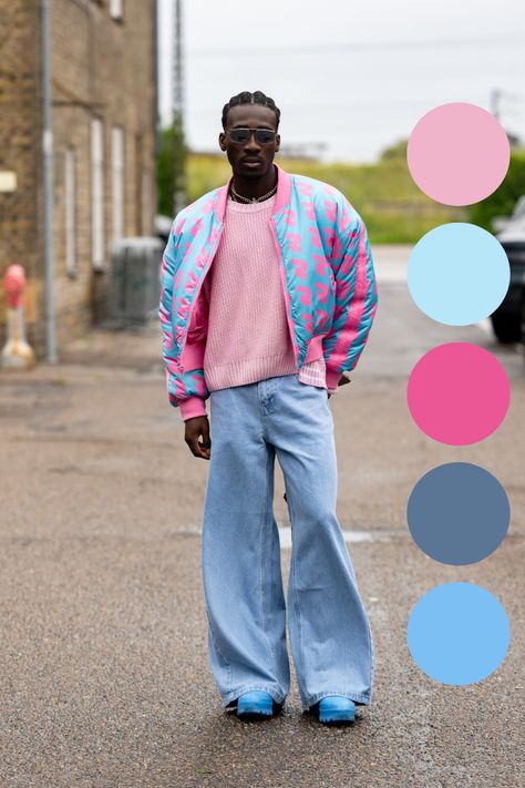 Pink And Blue Outfit Men, Men’s Colorful Fashion, Street Wear Color Palette, Colorful Outfits For Men, Colourful Street Style, Colourful Mens Fashion, Pastel Color Outfit For Men, Pastel Clothing Aesthetic, Colorful Mens Outfits