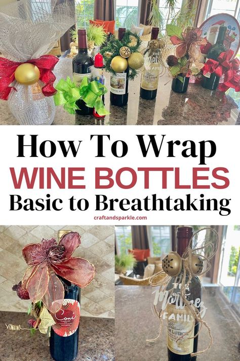 Wine Bottle Gifts Diy, Wine Bottle Accessories, Wine Bottle Christmas Wrapping, How To Gift A Bottle Of Wine, Wrapping Ideas For Bottles, Ways To Wrap Wine Bottles For Christmas, Wrap Wine Bottle Gift Christmas, Gift Wine Ideas, Wine Bottle Gifting Ideas