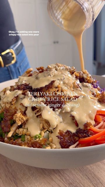 Nicole Keshishian Modic | KALEJUNKIE® on Instagram: "@kalejunkie TERIYAKI CHICKEN CRISPY RICE SALAD with Creamy Sesame Ginger Dressing, the last crispy rice salad in the series that has gone viral! And guess what? THIS is the best one yet. It uses an entire rotisserie chicken, so you can eat this for several days. It is packed with protein and all the good stuff—so many flavors and textures happening at once, honestly this one is so good, the recipe belongs in a cookbook 😊.⁣
⁣
Comment ‘LINK’ or ‘BLENDER’ if you want me to DM you the link to my new mini blender!⁣
⁣
Makes 4 meal salads or 6-8 smaller salads⁣
Crispy Rice⁣
2 cups cooked rice, cooled (I used jasmine)⁣
1 tb sesame oil⁣
2 tb teriyaki sauce/marinade (I used San-J GF Teriyaki sauce/marinade)⁣
⁣
Chicken⁣
1 rotisserie chicken⁣
1/4 c Teriyaki Crispy Rice Chicken Salad, Teriyaki Chicken Salad Recipe, Chicken Crispy Rice Salad With Peanut Dressing, Crispy Asian Salad, Crispy Rice Salad With Chicken, Teriyaki Chicken Crispy Rice Salad, Chicken Rice Crockpot Recipes, Chicken Teriyaki Salad, Teriyaki Sauce Marinade