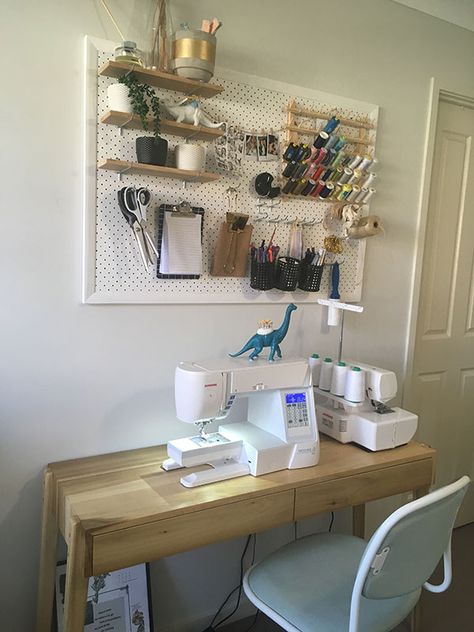 Anatomy of a Small Sewing Space Small Sewing Desk Ideas, Small Sewing Room Ideas Space Saving, Sewing Storage Small Space, Diy Small Sewing Table, Bedroom Sewing Space, Spare Bedroom/sewing Room Ideas, Small Sewing Desk, Sewing Setup Small Space, Small Sewing Station