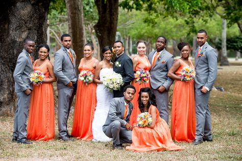 Orange and grey bridal party Burnt Orange Wedding Groomsmen Grey Suits, Rust Orange And Gray Wedding, Gray Suit With Orange Tie, Orange And Grey Wedding Colors, Grey And Orange Wedding Theme, Orange And Gray Wedding Theme, Grey And Orange Wedding, Grey Bridal Party, Orange And Gray Wedding