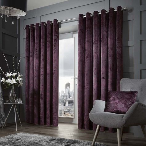 Downton Luxury Ready Made Lined Eyelet Curtains - Purple Purple Curtains Living Room, Purple Velvet Curtains, Modern Purple Bedroom, Bedroom Purple Walls, Purple Wall Bedroom, Purple Curtains Bedroom, Plum Curtains, Curtains Purple, Living Room Floor Tiles