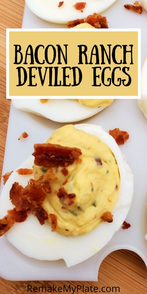 This bacon ranch deviled eggs recipe is a delicious twist on traditional deviled eggs. If you've had Crack Chicken before then you will recognize this flavor. These deviled eggs are made with the same ranch and bacon flavors that make crack chicken so tasty. #baconranch #deviledeggs #deviledeggrecipe Bacon Ranch Deviled Eggs, Deviled Eggs Keto, Bacon Flavors, Deviled Eggs Recipe Best, Bacon Deviled Eggs Recipe, Chicken Deviled Eggs, Deviled Eggs With Bacon, Ranch Deviled Eggs, Healthy Deviled Eggs