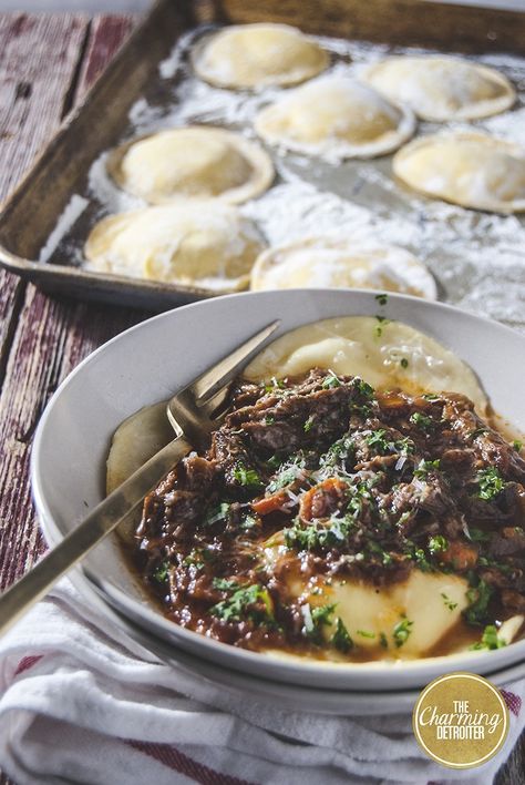 This short rib bolognese will be your new favorite slow-roasted dish! This short rib bolognese is paired with creamy ricotta ravioli. Short Rib Bolognese, Ricotta Ravioli, Pasta Roller, Short Rib, Pasta Dough, Short Ribs, Dutch Oven, Ravioli, Ricotta