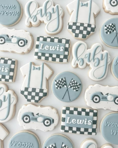 The cutest race car theme baby shower 🏁 #babyshowercookies #babycookies #customcookies #royalicing #argyletx #colleyvilletx #southlaketx #flowermoundtx