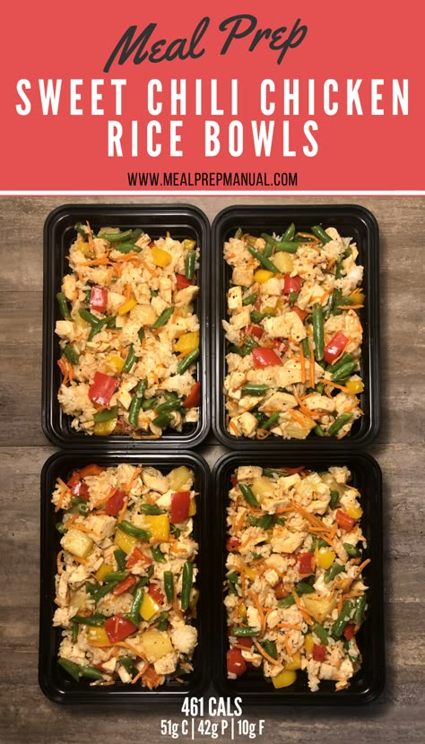 Sweet Chili Bowl, Food Prep Ideas Lunch, Lunch Prep Healthy, Protein Rice Bowl Recipes, Healthy Sweet Chili Chicken, Meal Prep Rice Bowl, Sweet Chili Chicken And Rice, Sweet Chili Chicken Meal Prep, Sweet Chili Chicken Bowl