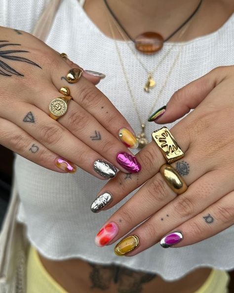 Trendy Nails Right Now, Mix Matched Nails, Bright Nails Short, Funky Nails Inspo Summer, Summer Gel X Nails, Funky Nails Short, Funky Short Nails, Short Fun Nails, Two Different Colored Nails On Each Hand