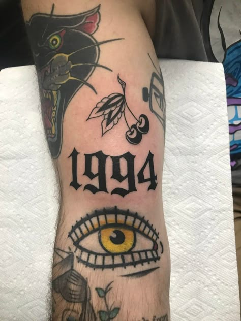 Traditional Birth Year Tattoo, Year Font Tattoo, Traditional Numbers Tattoo, 0311 Tattoo, Year Of Birth Tattoo, Birth Year Tattoo Men, 1994 Tattoo Ideas, 2002 Tattoo Ideas, 1970 Tattoo