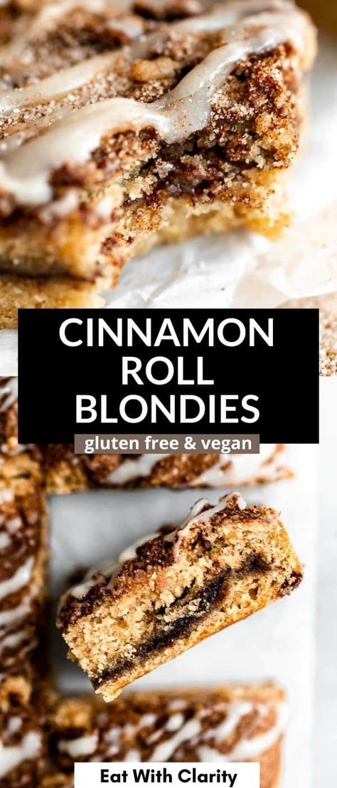 These easy cinnamon roll blondies are vegan, gluten free, dairy free and so easy to make. With a simple cinnamon sugar swirl and finished with a dairy free cream cheese glaze, these taste just like real vegan cinnamon rolls! The best gluten free dessert recipe. Cinnamon Roll Blondies, Cinnamon Desserts, Best Gluten Free Desserts, Dairy Free Pasta, Cinnamon Roll Pancakes, Dairy Free Cream Cheese, Vegan Cinnamon Rolls, Grain Free Desserts, Vegan Chocolate Cake