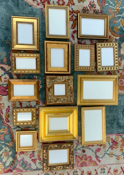 Lot of 15 Small Mixed Gold Frames TO HANG - Etsy Australia Frame Wall Layout, Gold Frame Gallery Wall, Geometric Invitations, Gold Photo Frames, Frame Layout, Gold Frame Wall, Gold Frames, Gallery Wall Frames, Gold Picture Frames