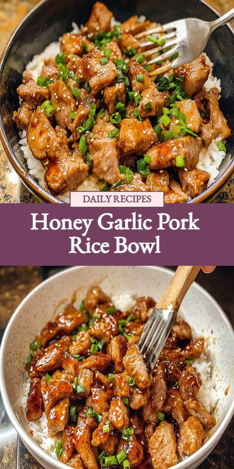 Satisfy your cravings with this mouthwatering Honey Garlic Pork Rice Bowl recipe! Tender pork smothered in a sweet and savory honey garlic sauce, served over steaming white rice. This Asian-inspired dish is bursting with flavor and will become a family favorite. Easy to make and perfect for a quick weeknight dinner. Try this delicious recipe today and treat your taste buds to a culinary delight! Pork Chop Rice Bowl, Honey Garlic Pork Rice Bowl, Asian Bowl Recipe, Healthy Rice Bowl Recipes, Pork Rice Bowl Recipe, Rice Dinner Recipes, Rice Bowl Recipes, Rice Bowls Healthy, Honey Garlic Pork