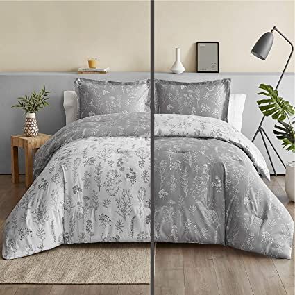 Amazon.com: Bedsure Twin Bed Comforter Set - Reversible Floral Grey White Bedding Comforter Set, 2 Pieces Flowers Plants All Season Bed Set with 1 Pillow Sham : Home & Kitchen Gray Comforter Bedroom Ideas, Gray And White Bedding, King Size Bed Grey, Twin Bed Comforter Sets, Twin Bed Comforter, Modern Comforter Sets, Grey And White Bedding, Modern Comforter, Flower Comforter