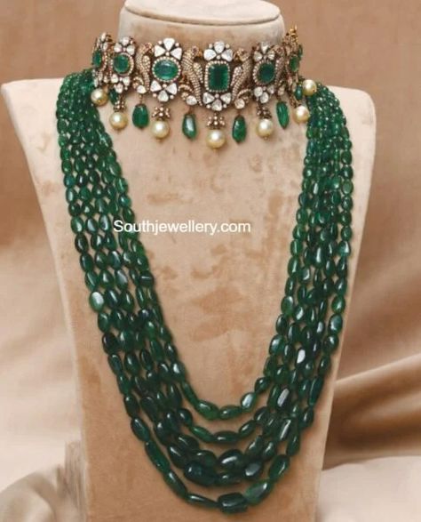 Choker With Long Necklace Indian, Long Beads Necklace Indian, Emerald Long Necklace, Emerald Beads Haram, Emeralds Beads Jewellery, Emerald Jewelry Necklace Indian, Emralds Beeds Necklace, Emerald Necklace Indian Gold Jewellery, Saree Jewellery Necklaces