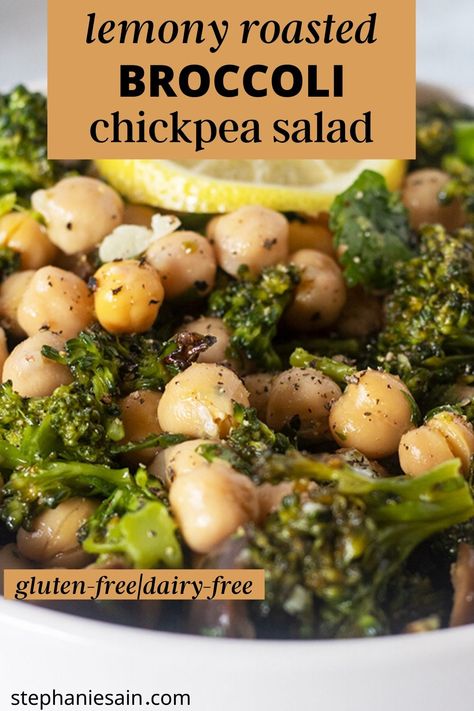 This Chickpea Salad recipe with roasted broccoli is an easy one bowl dinner or lunch. Roasted broccoli, lemon zest and chickpeas combined in a vibrant delicious salad. #salads #broccoli #glutenfree #dairyfree #vegan Salads Chickpeas, Chickpea And Broccoli, Chickpeas Broccoli, Broccoli Chickpea, Broccoli Lemon, Chickpea Salad Recipes, Chickpea Recipes, Roasted Broccoli, Broccoli Salad