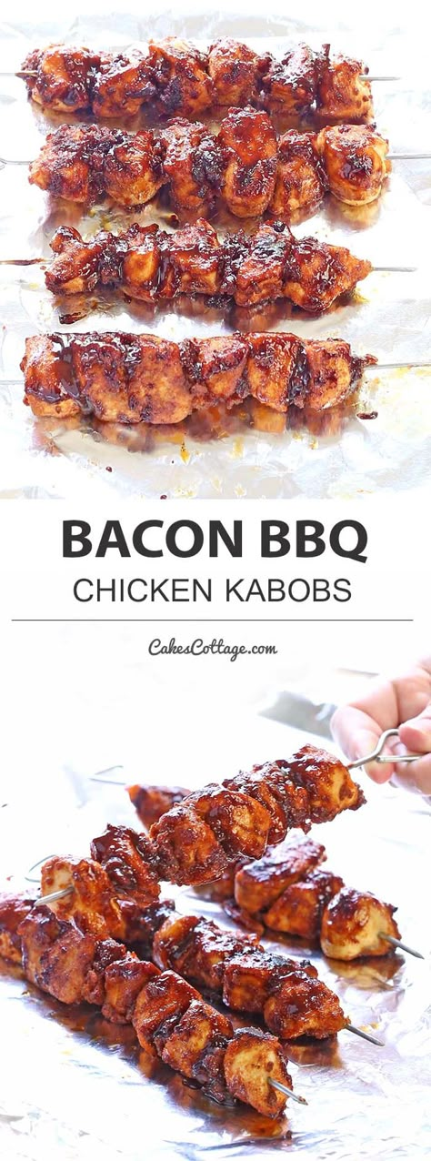 For some quick and easy weeknight grilling action,  Bacon BBQ Chicken Kabobs hit the spot. Bbq Chicken Kabobs, Kabobs Chicken, Bacon Bbq Chicken, Bbq Bacon, Kabob Recipes, Chicken Kabobs, Kebabs, Bacon Recipes, On The Grill