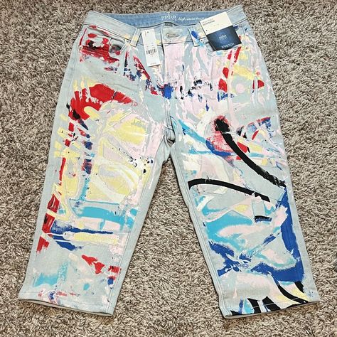 Soho New York High Waist Boyfriend Jeans With Paint Splatter Design And Light Wash! Size 4 Nwt! Graffiti Pants, Paint Splatter Straight Leg Denim Jeans, Straight Leg Paint Splatter Jeans, Trendy Paint Splatter Denim Jeans, Fitted Paint Splatter Denim Jeans, Spring Graffiti Print Denim Jeans, T Shirt Upcycle, Paint Splatter Jeans, Custom Jacket