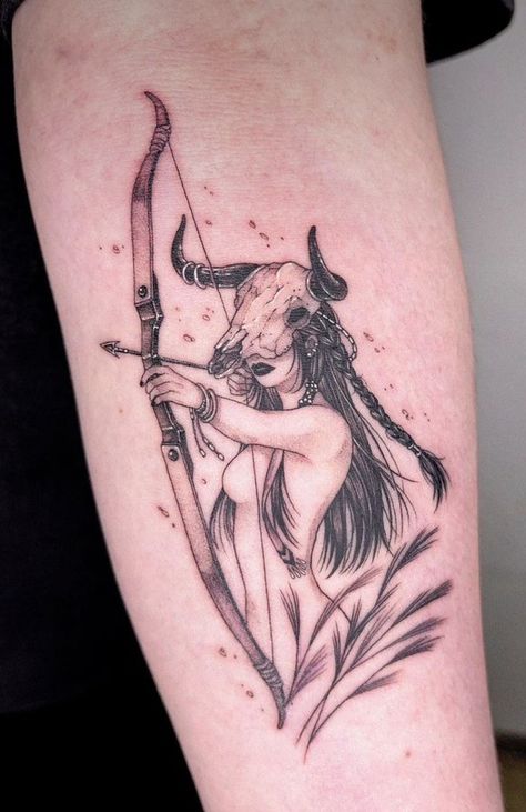 Sagittarius Animal Tattoo, Woman Archer Tattoo, Sagittarius Leg Tattoo, Mystic Woman Tattoo, Woman Sagittarius Tattoo, Saggitarius Tattoo For Women, Tattoos For Women Sagittarius, Sagittarius Sleeve Tattoo, Female Sagittarius Tattoo