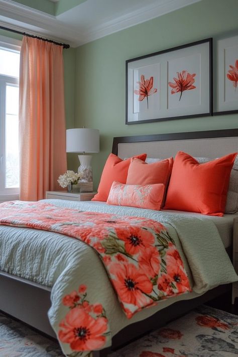 Green And Pink Bedroom Decor, Coral Bedroom Ideas, Green And Pink Bedroom Ideas, Green And Pink Bedroom, Muted Sage Green, Coral Room, Coral Bedroom, Muted Sage, Pink Bedroom Design