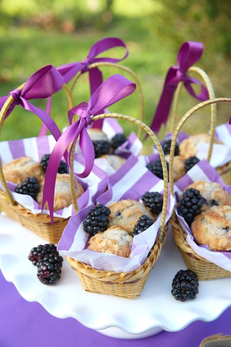 Muffin Gift Basket, Muffin Basket, Purple Dessert Tables, Archangels Michael, Purple Desserts, Blackberry Muffin, Breakfast Picnic, Blackberry Dessert, Treat Table