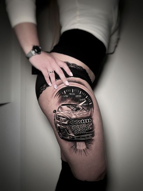 Cool Car Tattoos, Tattoo Ideas For Car Guys, Car Theme Tattoos, Car Sleeve Tattoo, Car Tattoo Sleeve, Small Car Tattoos For Women, Car Themed Tattoos, Car Mechanic Tattoo, Car Related Tattoos