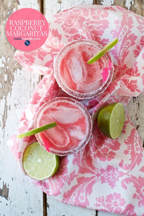 Colorful Margaritas, Pink Coconut Cocktail, Raspberry Margarita Recipe Frozen, Raspberry Coconut Margarita, Frozen Raspberry Margarita, Raspberry Lime Cocktail, Holiday Party Drinks, Coconut Margarita, Booze Drink