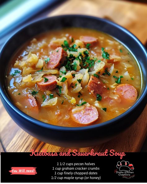 Looking for a hearty and flavorful soup recipe? Try this Kielbasa and Sauerkraut Soup! Packed with savory kielbasa, tangy sauerkraut, and an array of delicious spices, this soup is sure to warm you up on a chilly day. Check out the recipe on our Pinterest board for a tasty twist on a classic favorite. #soup #kielbasa #sauerkraut #comfortfood #recipeinspiration Keilbasa And Sauerkraut, Soup Kielbasa, Kielbasa Sauerkraut, Kielbasa And Sauerkraut, Kielbasa Soup, Chicken Potato Soup, Soup Store, Sauerkraut Soup, Potato Bacon Soup