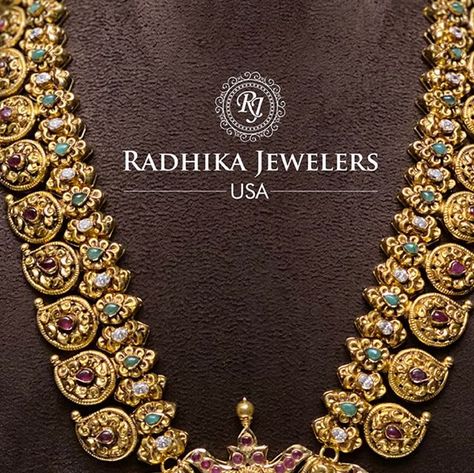 Radhika Jewelers USA on Instagram: "Experience the enchanting allure of a gold mango haram adorned with exquisite peacock motifs and sparkling kundans, where the magnificence of peacocks and the brilliance of gemstones intertwine in a celebration of nature's grandeur. For any information or queries, Please WhatsApp us at +1248-500-8070 #jewellery #indianjewellery #kundanjewellery #heritagejewellery #usajewelry #bridaljewellery #brides #bridesmaids #southindianjewellery #necklace #earrings #gol Radhika Jewellers Usa, Gold Mango Haram, Gold Haram Designs, Mango Haram, Haram Designs, Peacock Motifs, Gold Haram, Heritage Jewellery, Usa Jewelry