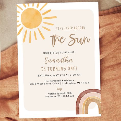 Boho First Trip Around the Sun 1st Birthday Invitation 1st Trip Around The Sun, 1 Year Birthday Party Ideas, Girl Birthday Invitations, Sun Birthday, First Trip Around The Sun, Boho Invitations, 21st Birthday Invitations, 50th Birthday Invitations, 40th Birthday Invitations