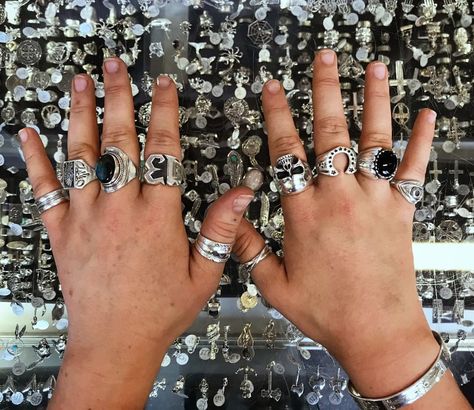 Afflecks on Instagram: “Stunning sterling silver rings + bangle from @abacusafflecks #sterlingsilver #silver #rings #bangle #jewellery #afflecksmanchester…” Thick Silver Rings, Rings Grunge, Thick Silver Ring, Alt Accessories, Hands With Rings, Biker Rings Mens, Arrow Jewelry, Wallet Chains, Chunky Silver Rings