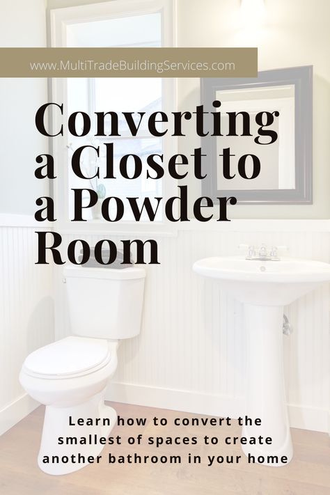 Could you use an extra bathroom in your home? Are you concerned you don’t have the space for it? You might be surprised to learn that you do! We explore the things you need to know and do in to convert a small closet into a powder room. Small Closet To Bathroom Conversion, Closet Bathroom Conversion, Tiny Closet Powder Room, Converting Laundry Room To Bathroom, Turning Closet Into Bathroom, Coat Closet To Powder Room, Half Bath With Closet, Convert Laundry Room To Bathroom, Turning A Closet Into A Bathroom