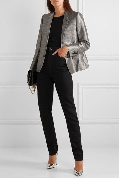 Silver Blazer Outfit, Classy Elegant Wedding Dress, Classy Elegant Wedding, Casual Leather Jacket Outfit, Silver Blazer, Saint Laurent Jeans, Silver Outfits, Smart Casual Dress, Long Sleeve Wedding Dress