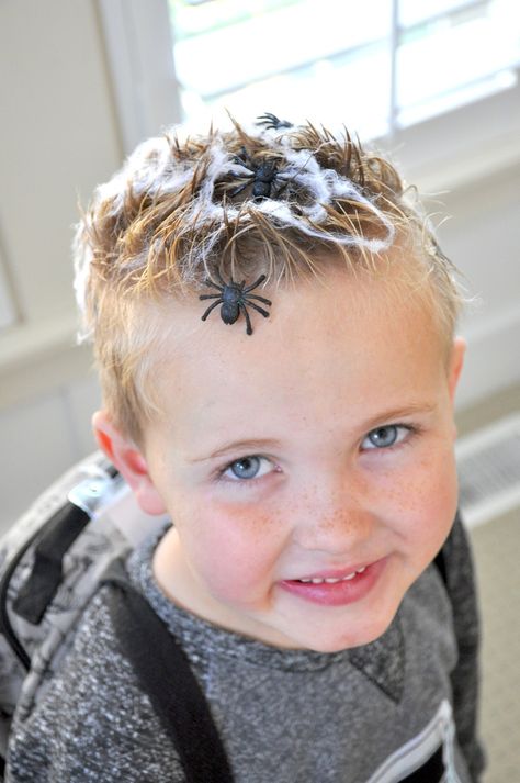 Crazy Hair Day Ideas- Spiders and Spider Webs! Red Ribbon Week Ideas via Kara's Party Ideas. Crazy Hair Boys, Crazy Hair Day Ideas, Short Hair For Kids, Wacky Hair Days, Crazy Hair Day, Wacky Hair, Crazy Hair Day At School, Easter Hair Bow