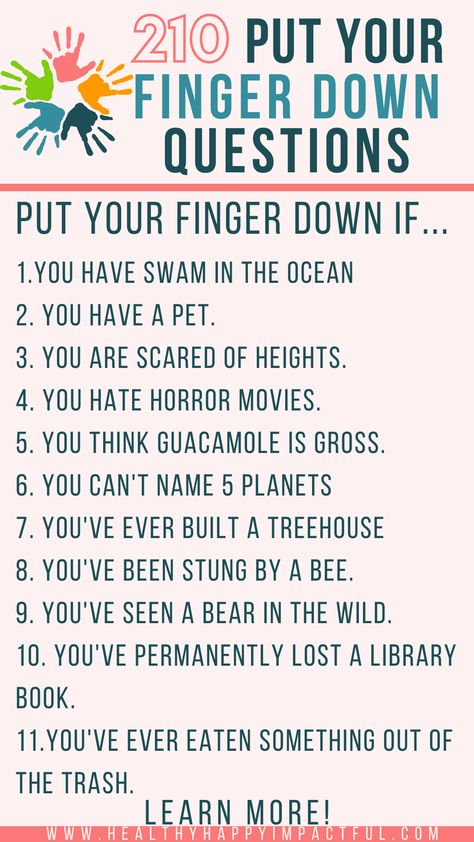 210 of the best Put a Finger Down Questions For Kids & Adults Switch Sides If Game Questions, Yes Or No Ice Breaker Questions, Yes No Game Questions, Put Your Fingers Down Questions, Pit A Finger Down Questions, Headphone Game Questions, Never Have I Ever Extreme Questions, Sit Down If Game Questions, Have You Ever Questions For Adults