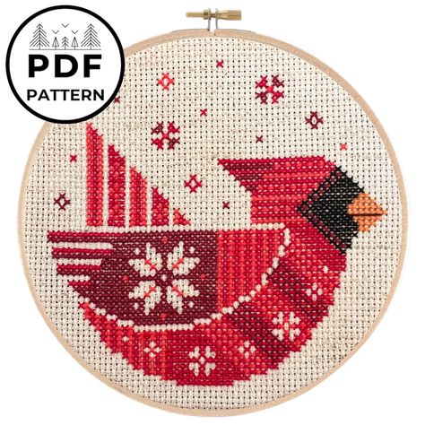 Festive Cardinal Cross Stitch Pattern – Pigeon Coop Pigeon Coop, Colour Codes, Holiday Cross Stitch, Aida Fabric, Nature Cross Stitch, Cross Stitch Patterns Christmas, Back Stitch, Christmas Embroidery, Christmas Cross