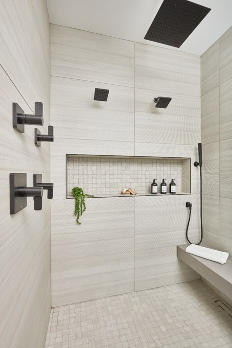 Large Format Shibusa Bianco 24x48 porcelain tile on shower wall and Shibusa Bianco Basketweave 2x2 Mesh in shower floor in walk-in shower. Smallest Bathroom, Tile Shower Floor, Large Shower Tile, Shower Floors, Arizona Tile, Bathroom Shower Walls, Tile Layout, Shower Floor Tile, Bathroom Redesign