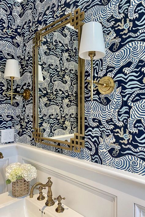 JB Robbie | Saquatucket Chinoiserie Bathroom, Half Bath Wallpaper, White Powder Room, Powder Room Wallpaper, Shingle Style Homes, Eye Of The Tiger, Powder Room Design, Clarence House, New England Homes